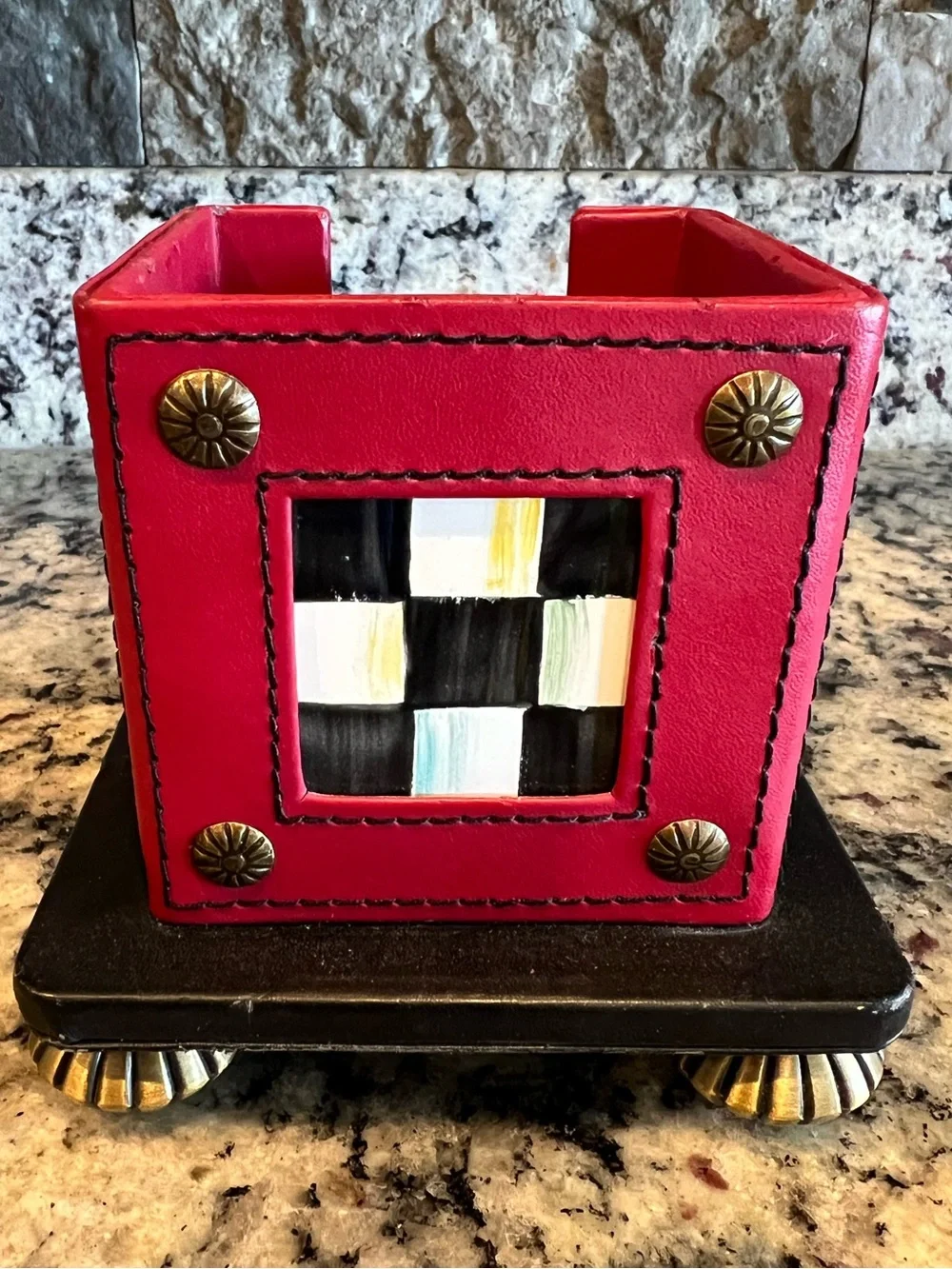 MacKenzie-Childs Vintage Red Leather & Enamel Notepad cube holder. With notepad.